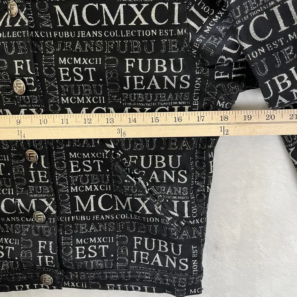 Vintage FUBU Jacket Kids Large Black Denim Bomber All Over Print Hip Hop Y2K